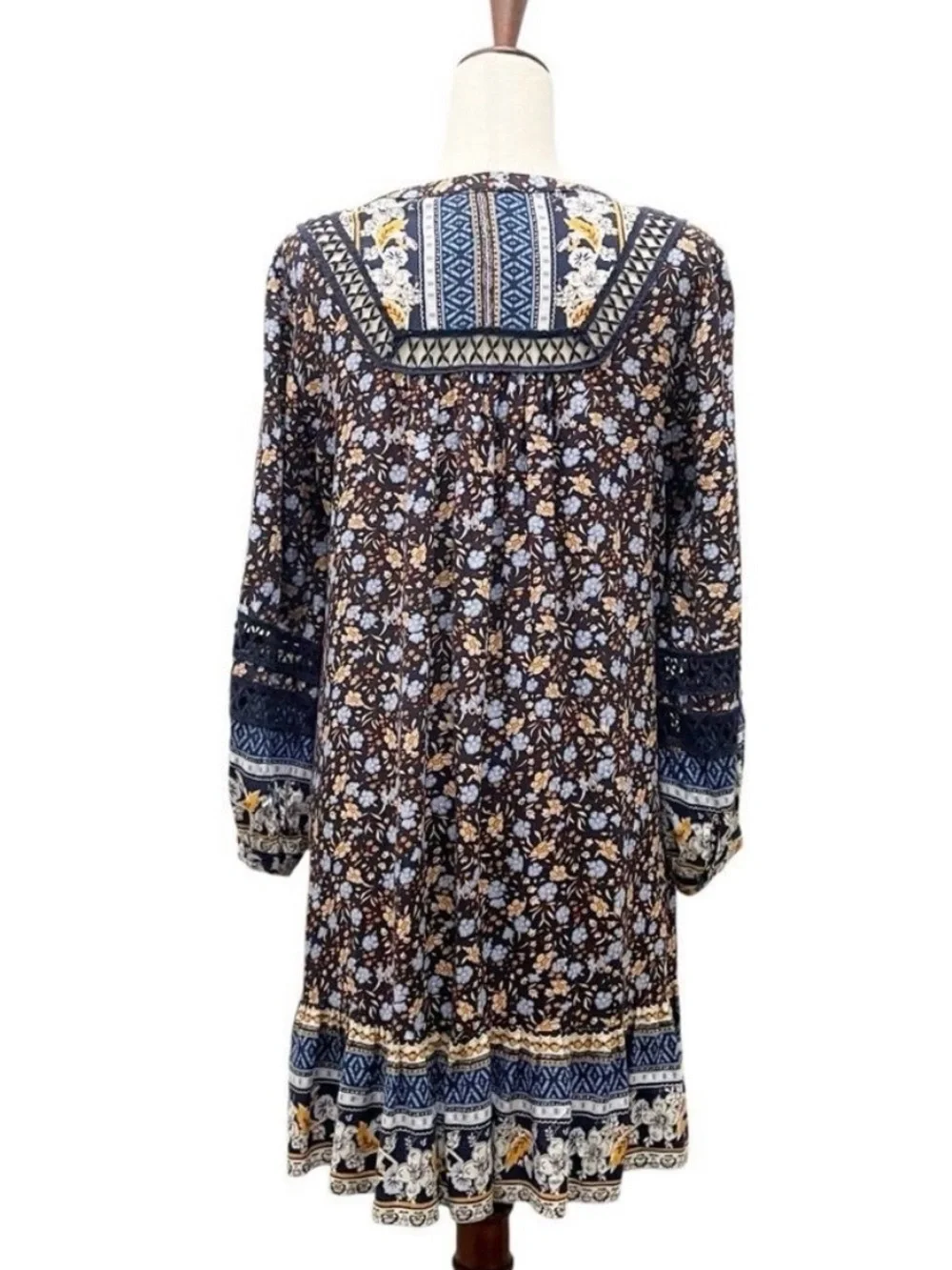 Sundance Navy Floral Long-Sleeve Boho Dress